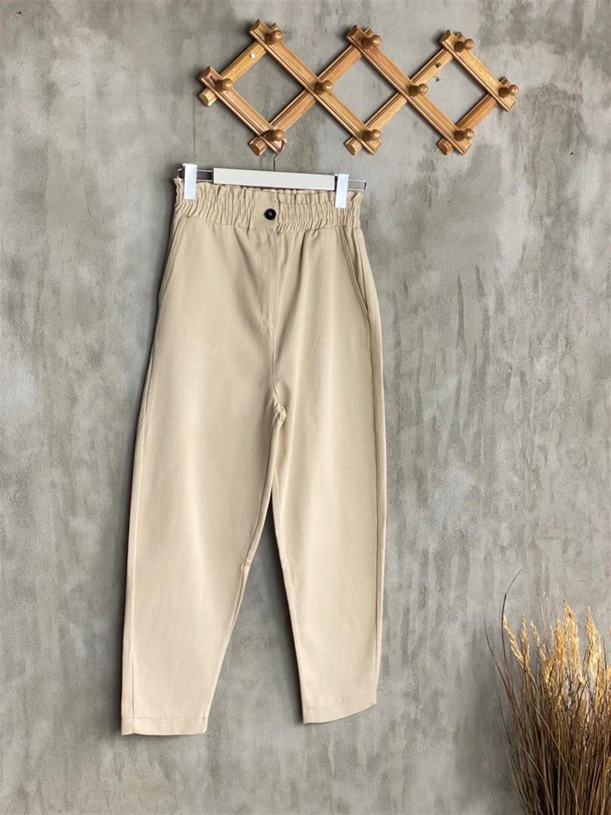 Kalın Lastik Kemerli Yumuşak Gabardin Kumaş Mom Pantolon (Taş)