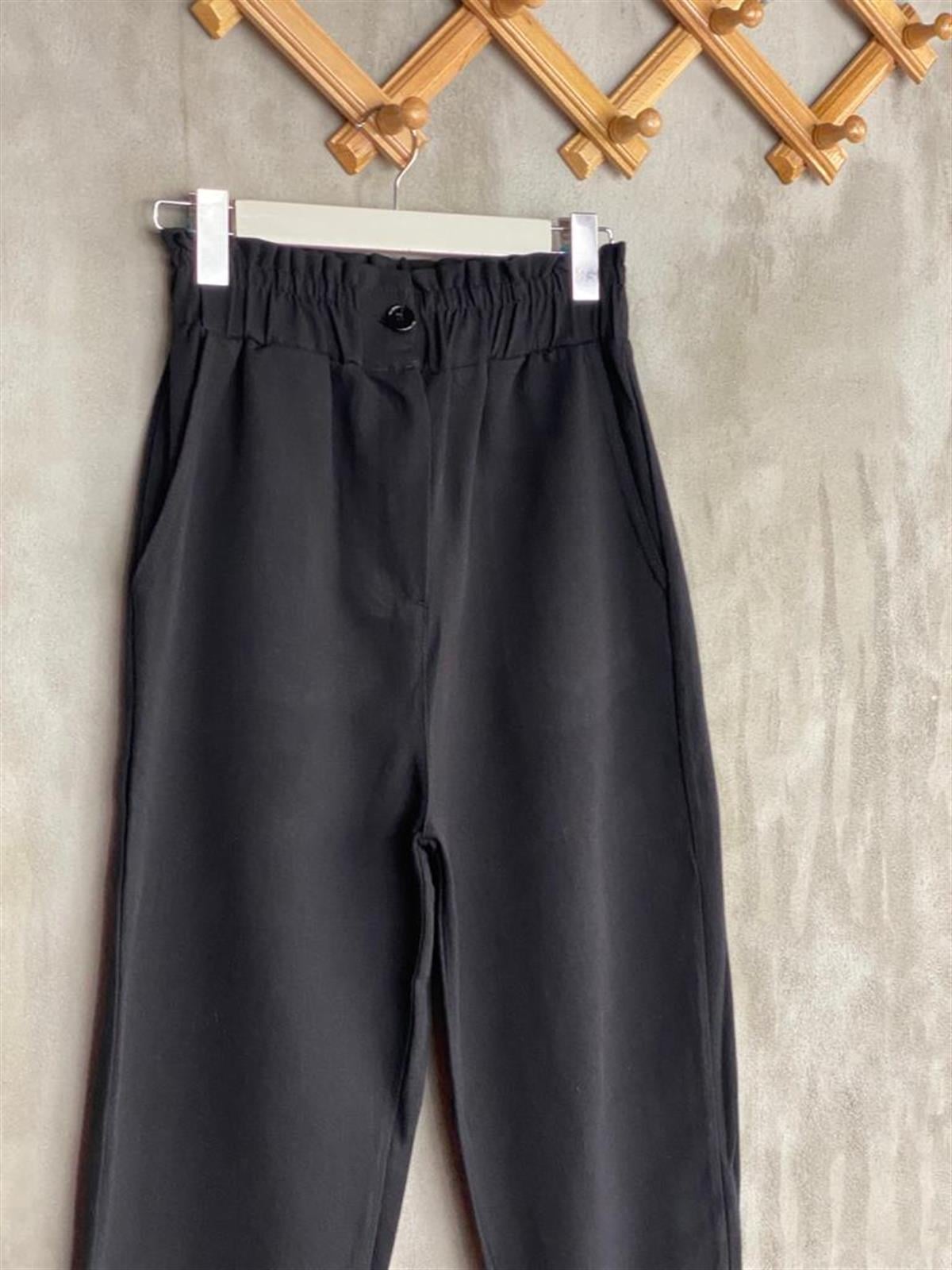 Kalın Lastik Kemerli Yumuşak Gabardin Kumaş Mom Pantolon (Siyah)