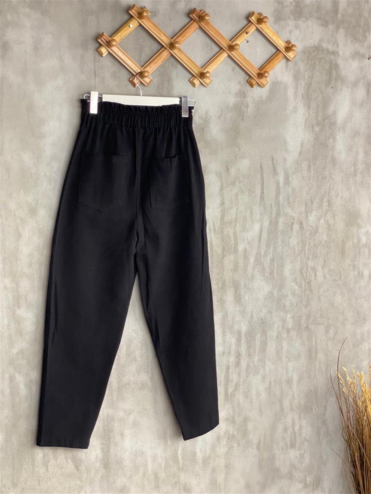 Kalın Lastik Kemerli Yumuşak Gabardin Kumaş Mom Pantolon (Siyah)