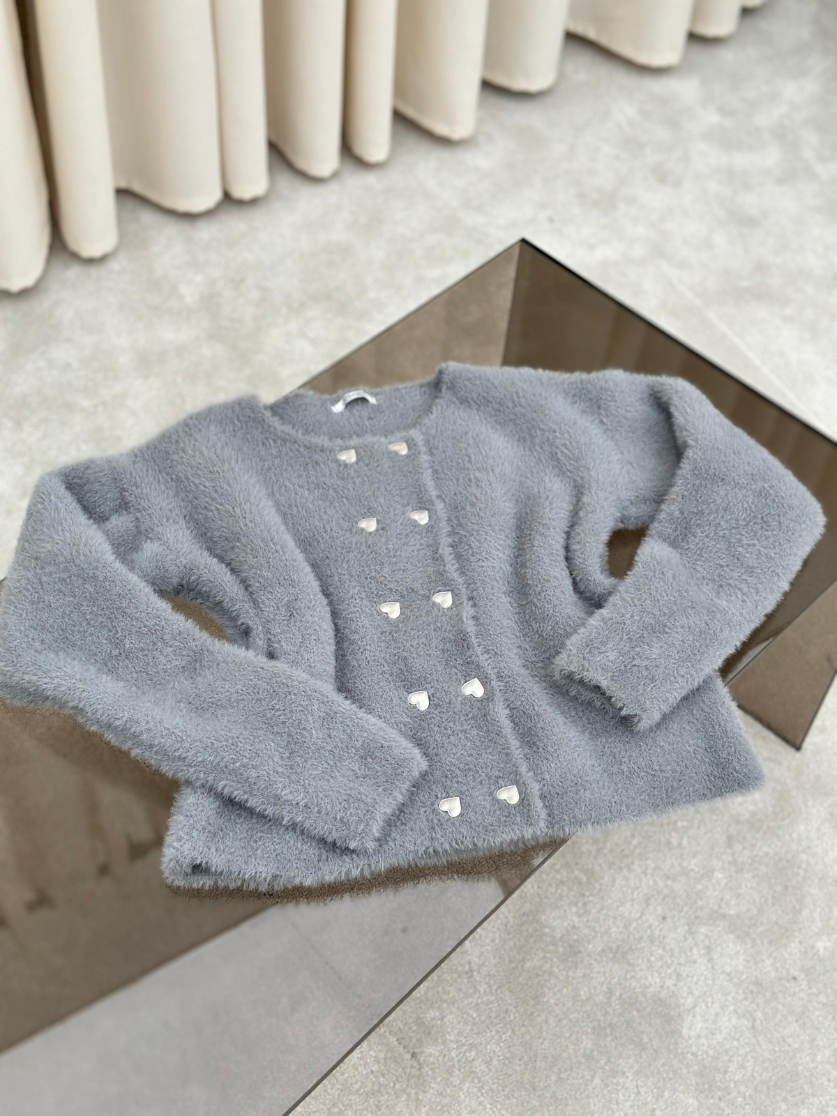 Kalp Düğme Detaylı Angora Hırka (Gri)