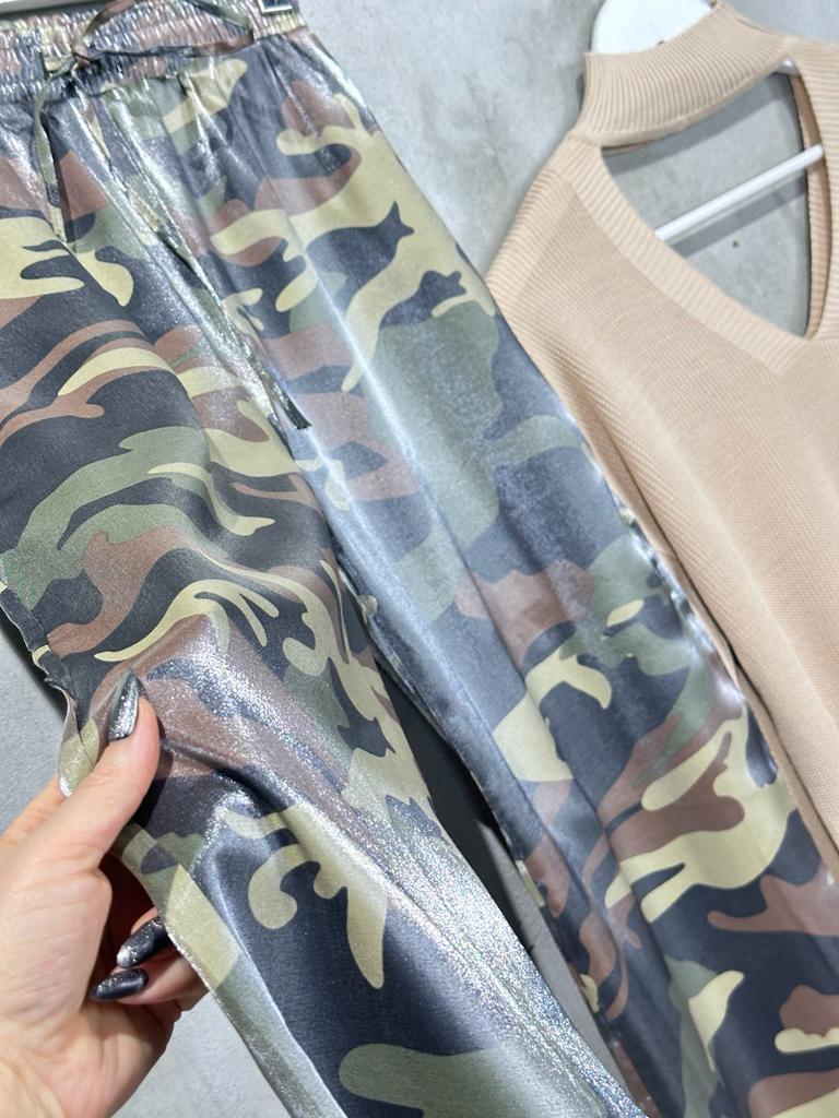 Kamuflaj Desen Bol Paça Lurex Kumaş Pantolon (Yeşil)