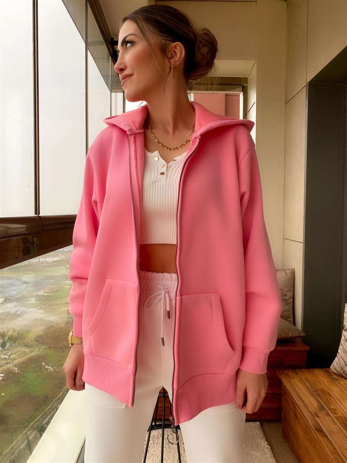 Kapşonlu Önden Fermuarlı Sweatshirt (PEMBE)