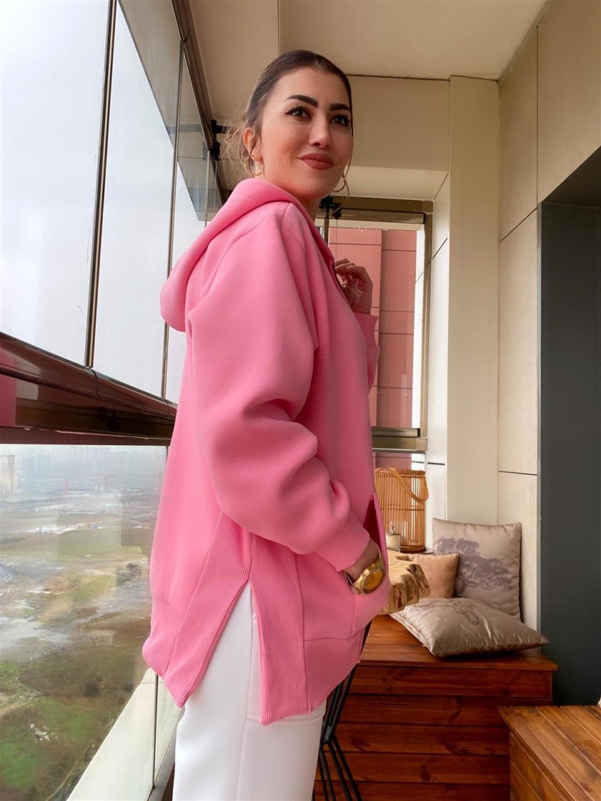 Kapşonlu Önden Fermuarlı Sweatshirt (PEMBE)