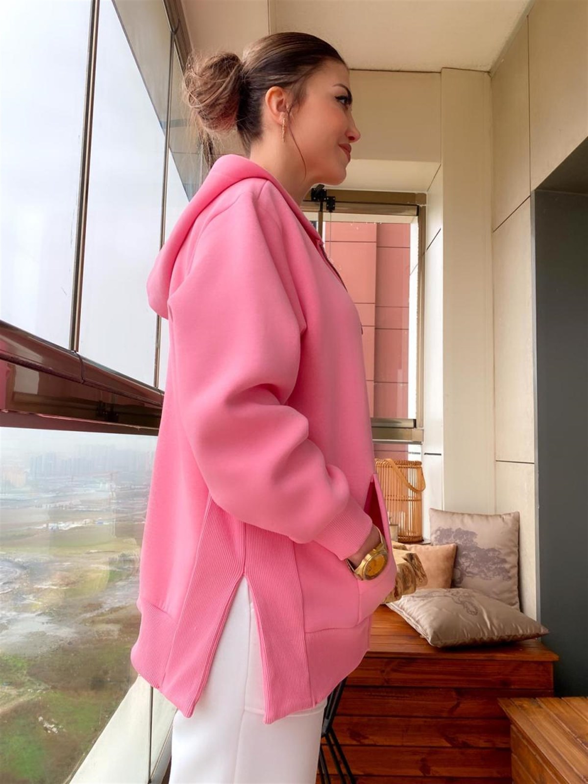 Kapşonlu Önden Fermuarlı Sweatshirt (PEMBE)