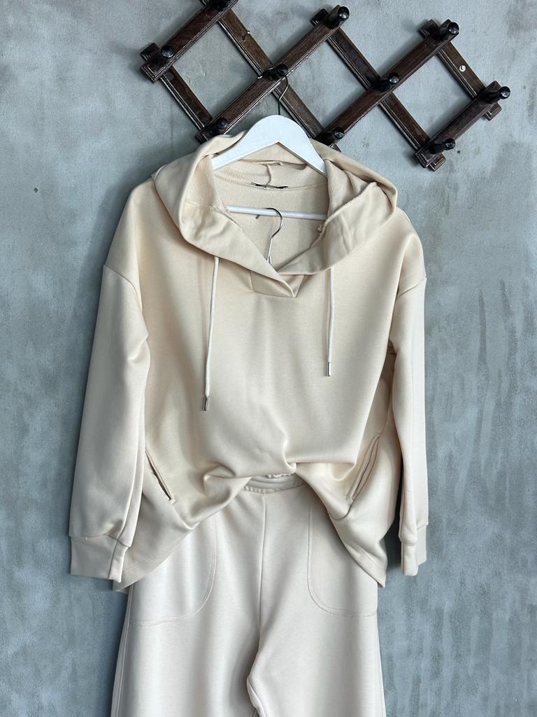 Kapşonlu Oval Kesim Kadın Sweat (Bej)