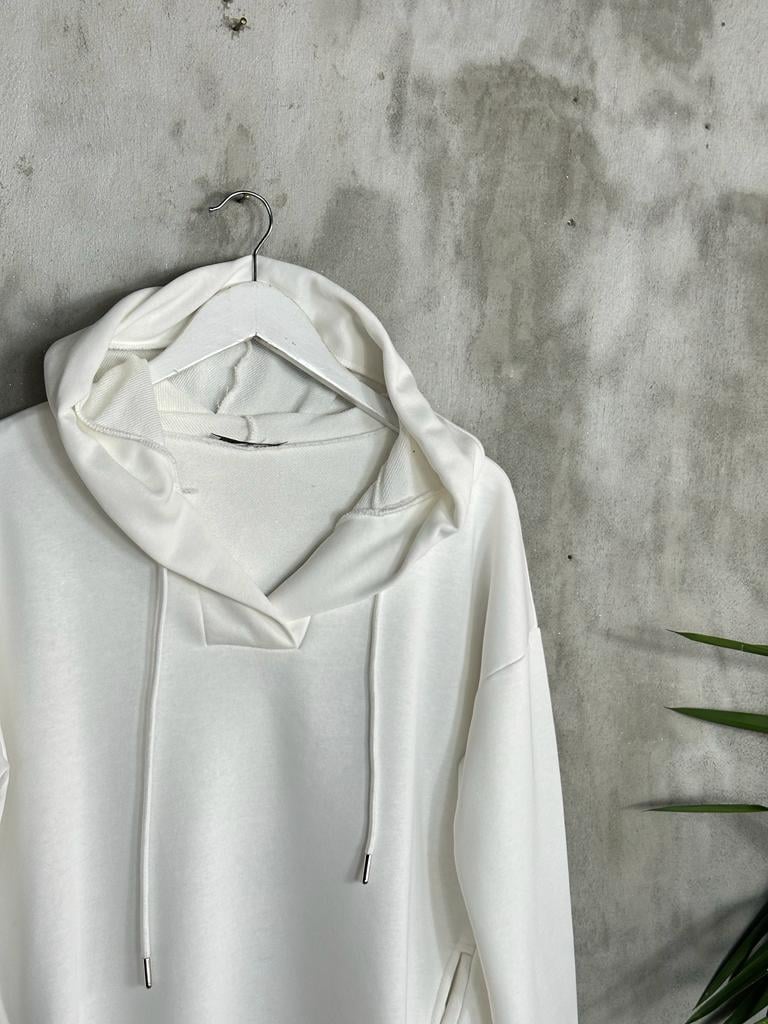 Kapşonlu Oval Kesim Kadın Sweat (Beyaz)