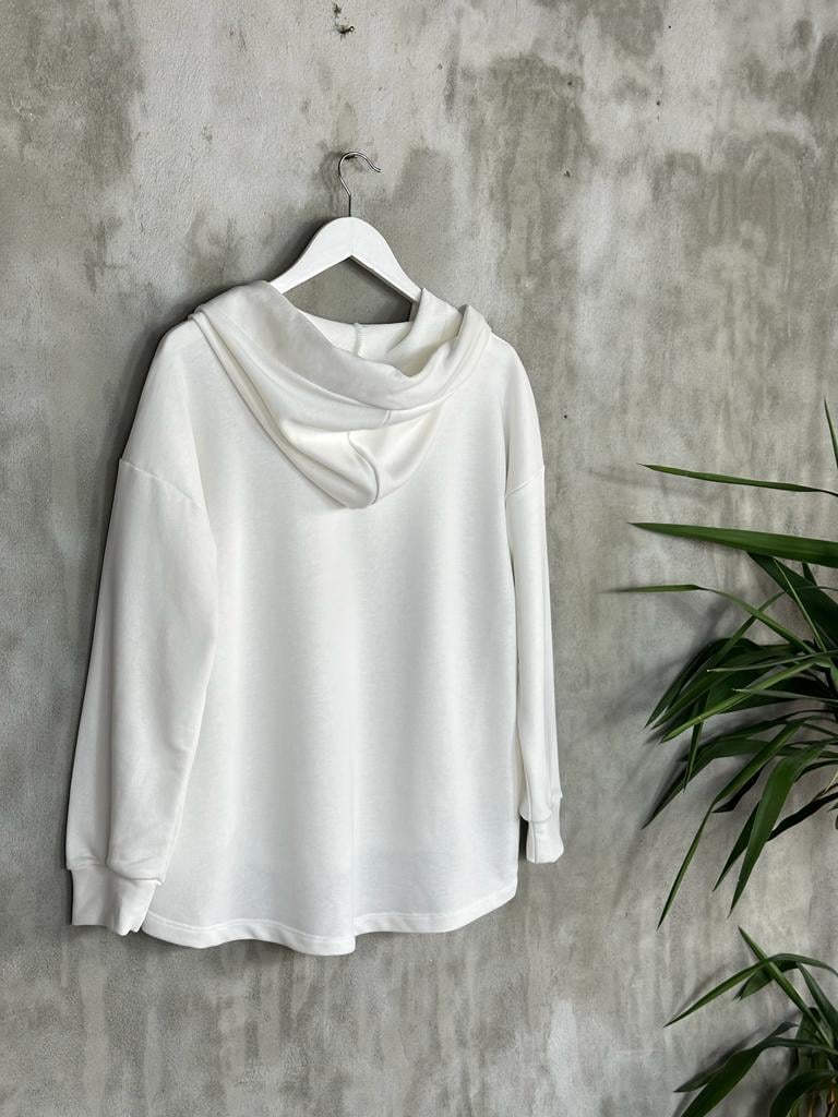 Kapşonlu Oval Kesim Kadın Sweat (Beyaz)