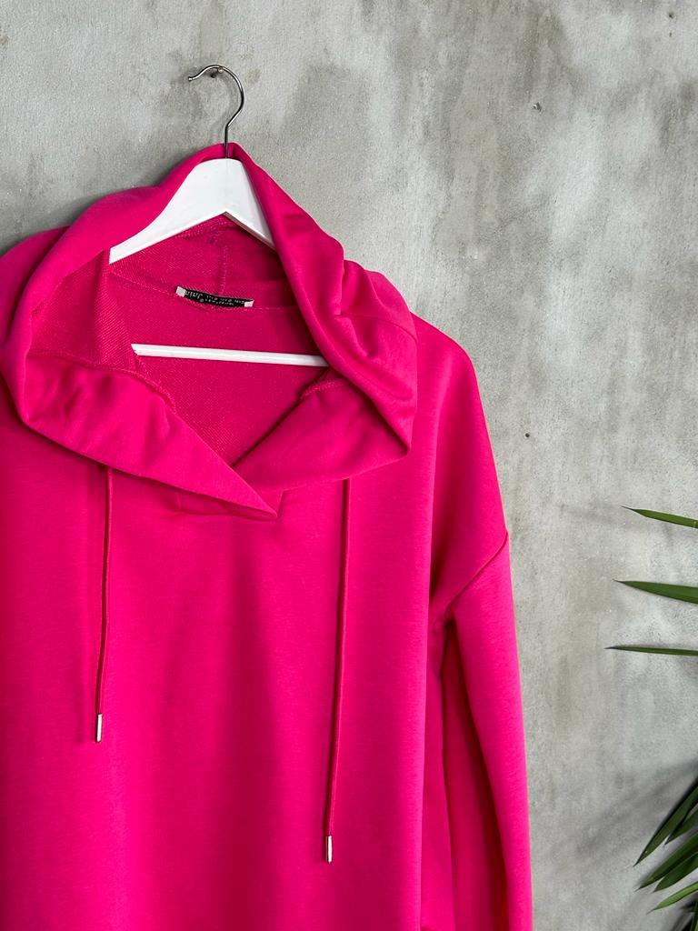 Kapşonlu Oval Kesim Kadın Sweat (Fuşya)