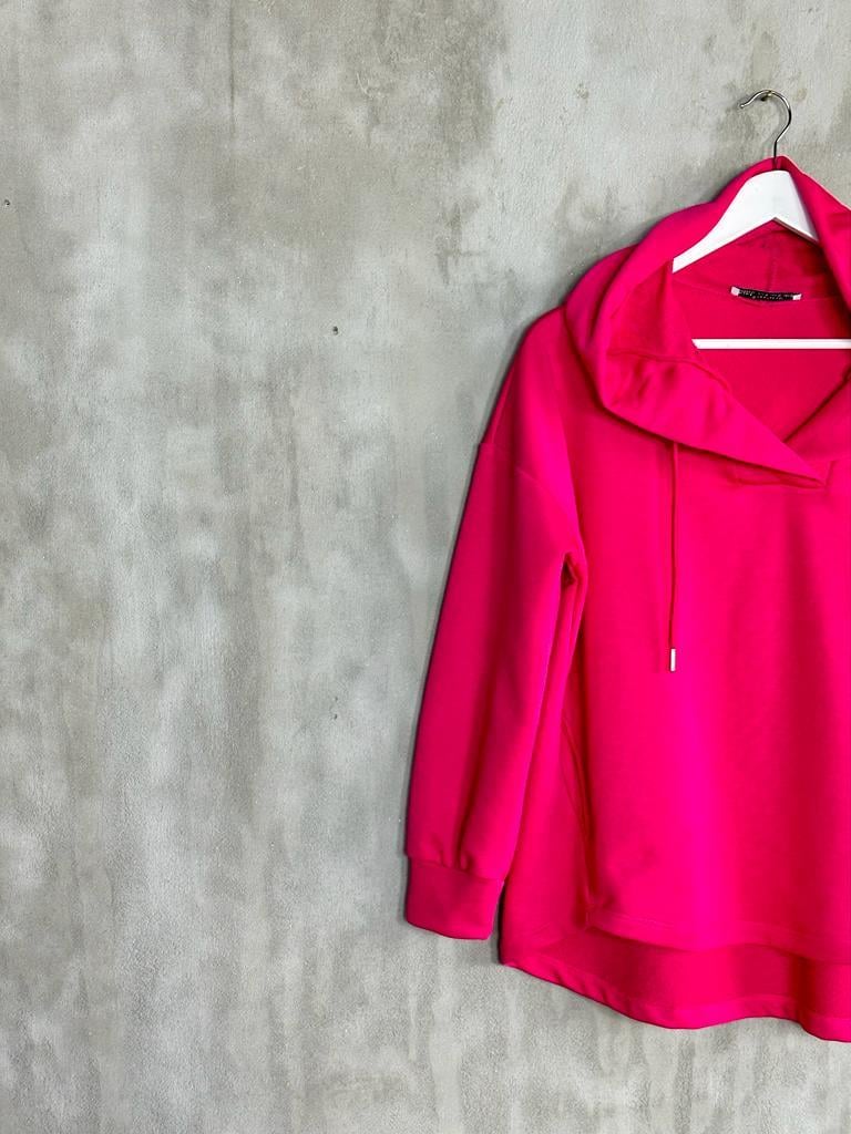 Kapşonlu Oval Kesim Kadın Sweat (Fuşya)