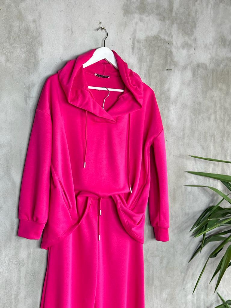 Kapşonlu Oval Kesim Kadın Sweat (Fuşya)