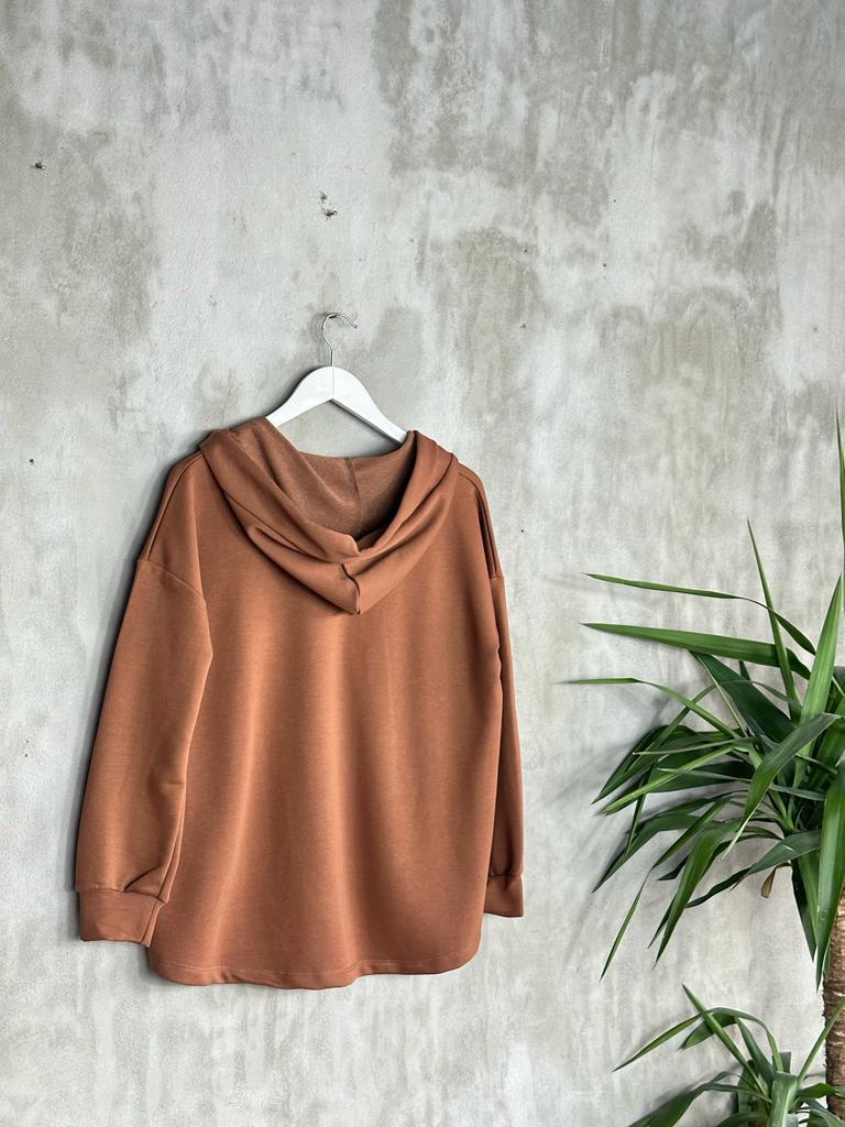 Kapşonlu Oval Kesim Kadın Sweat (Kahve)