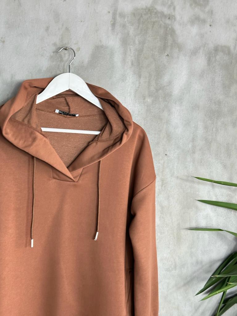 Kapşonlu Oval Kesim Kadın Sweat (Kahve)