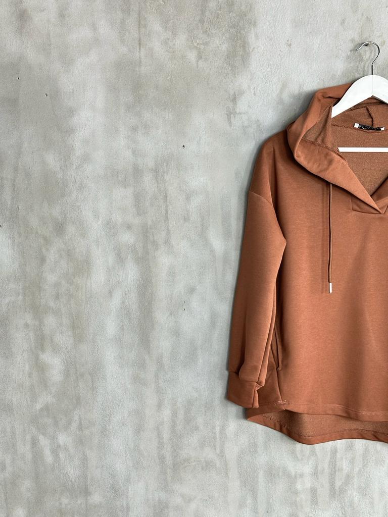 Kapşonlu Oval Kesim Kadın Sweat (Kahve)