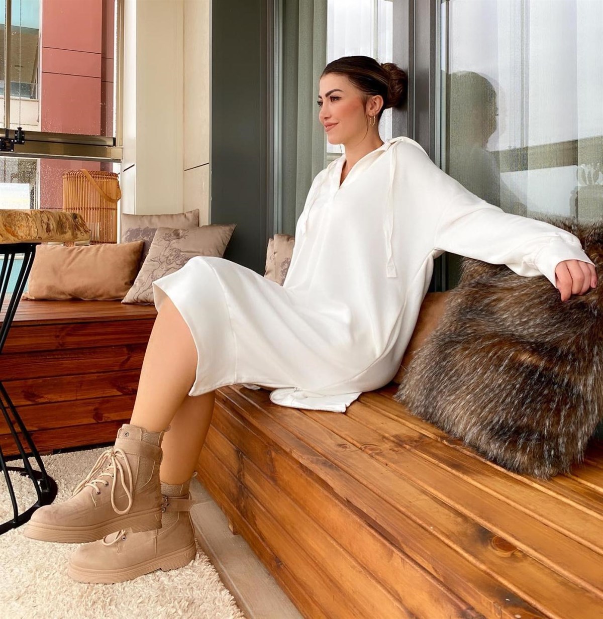 Kapşonlu Salaş Model Sweat Elbise (BEYAZ)