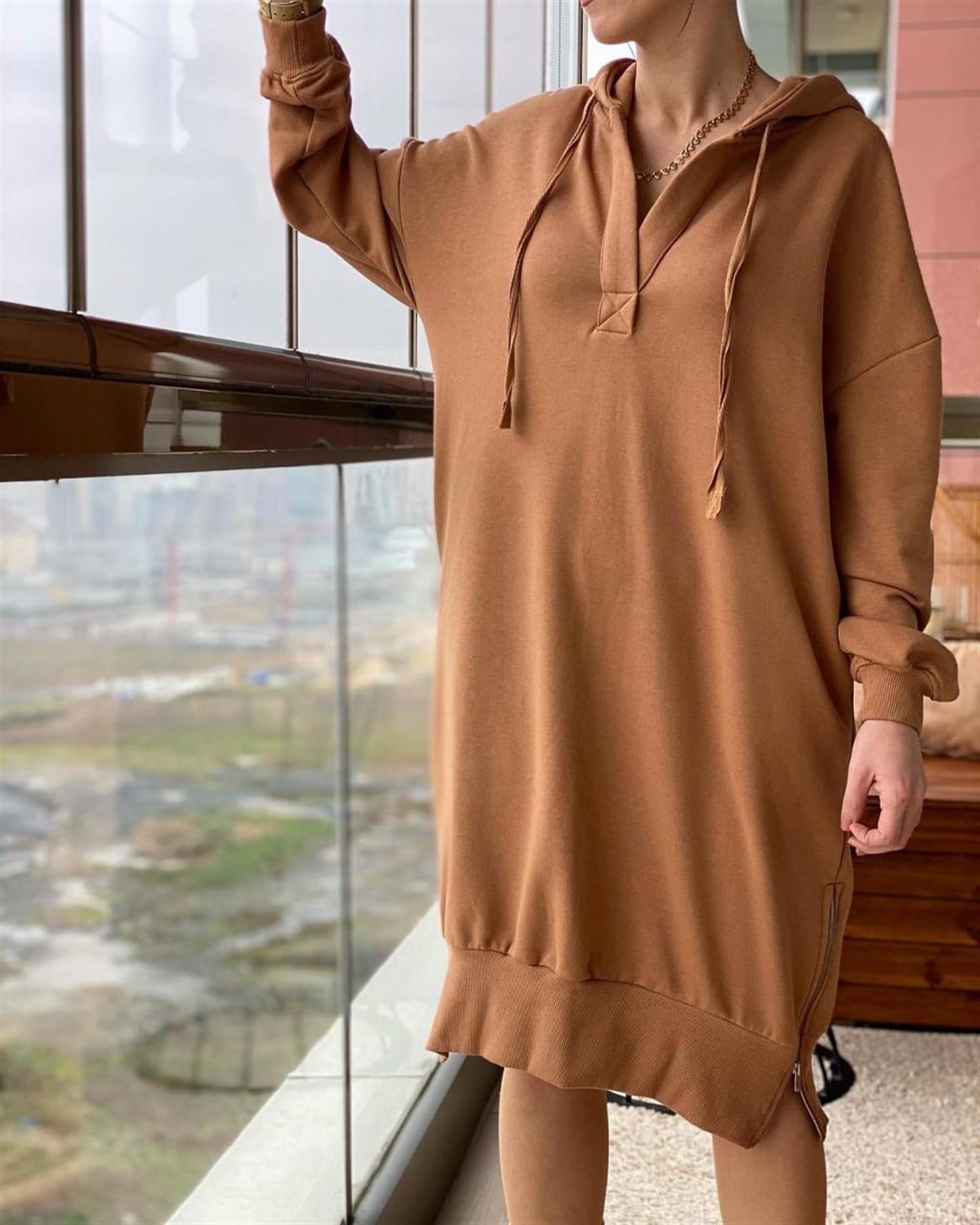 Kapşonlu Salaş Model Sweat Elbise (CAMEL)