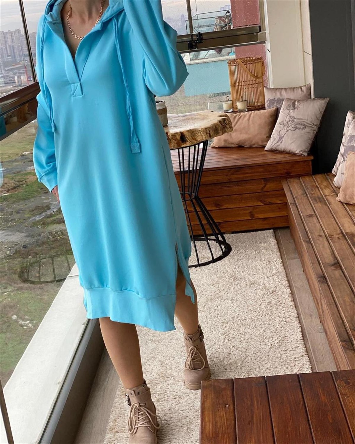 Kapşonlu Salaş Model Sweat Elbise (MAVİ)