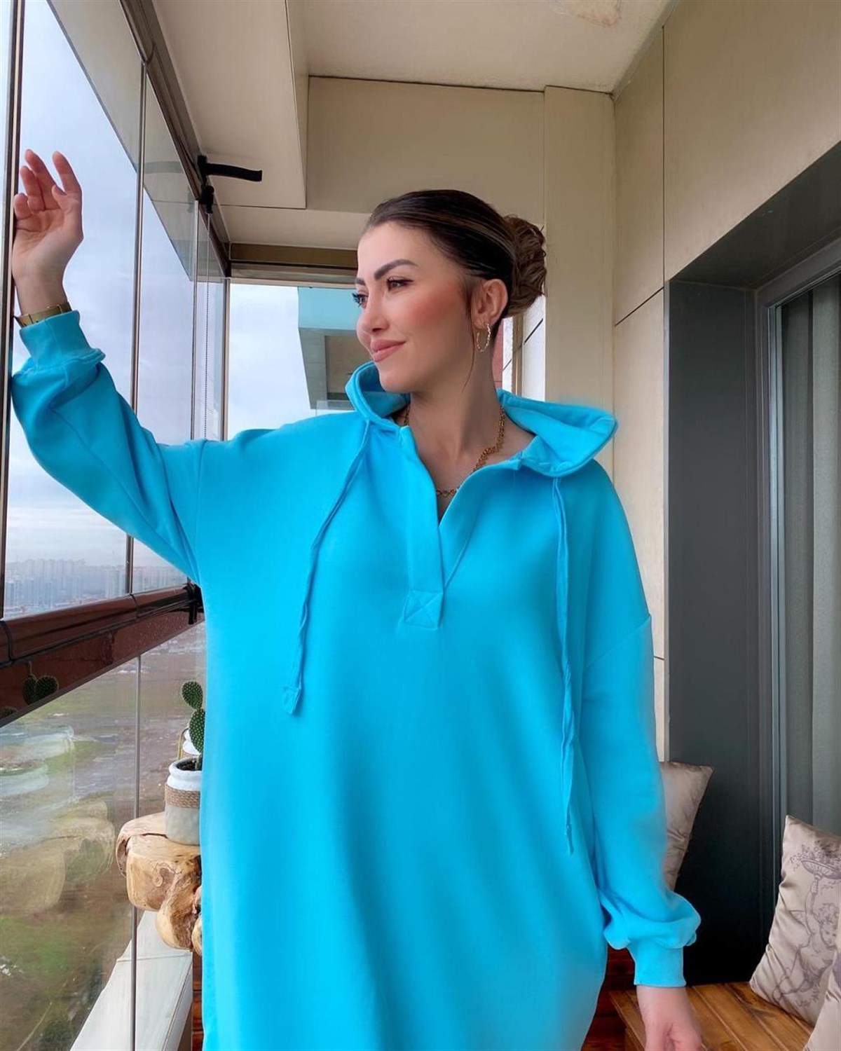 Kapşonlu Salaş Model Sweat Elbise (MAVİ)
