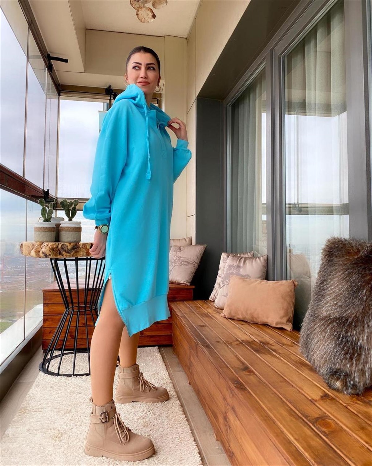 Kapşonlu Salaş Model Sweat Elbise (MAVİ)