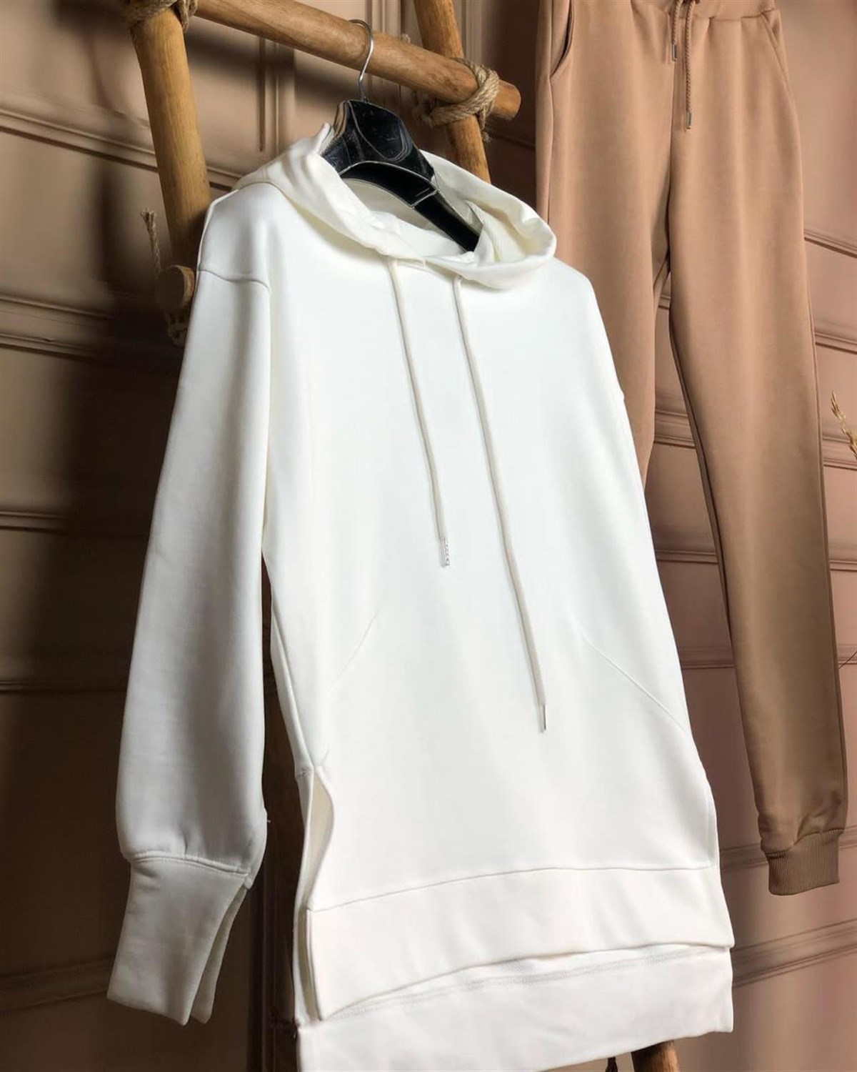 Kapşonlu Tunik Sweatshirt (BEYAZ & CAMEL)
