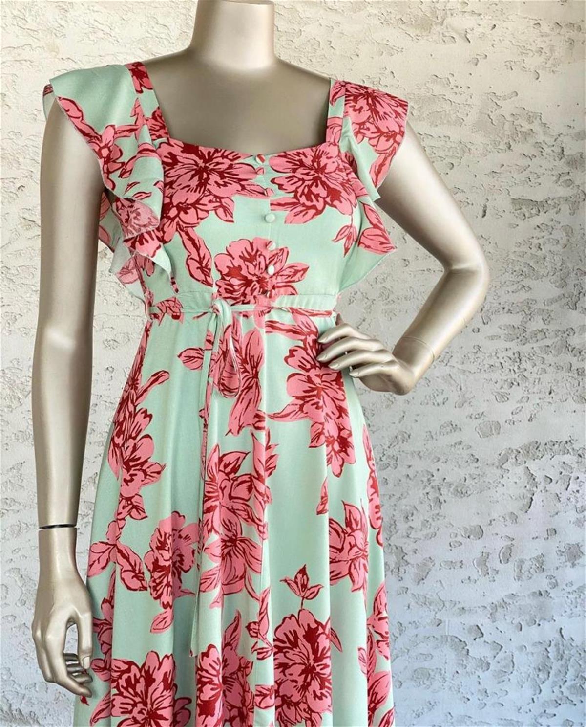 Kare Yaka Kolları Fırfırlı Pembe Çiçekli Elbise (Mint)