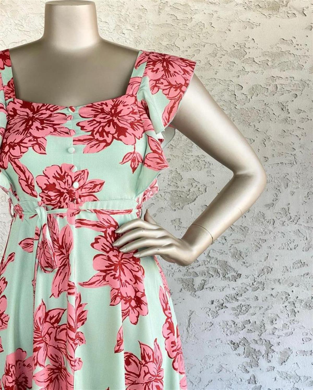 Kare Yaka Kolları Fırfırlı Pembe Çiçekli Elbise (Mint)