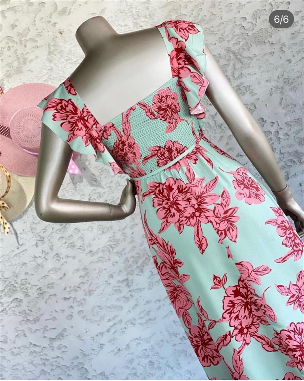 Kare Yaka Kolları Fırfırlı Pembe Çiçekli Elbise (Mint)