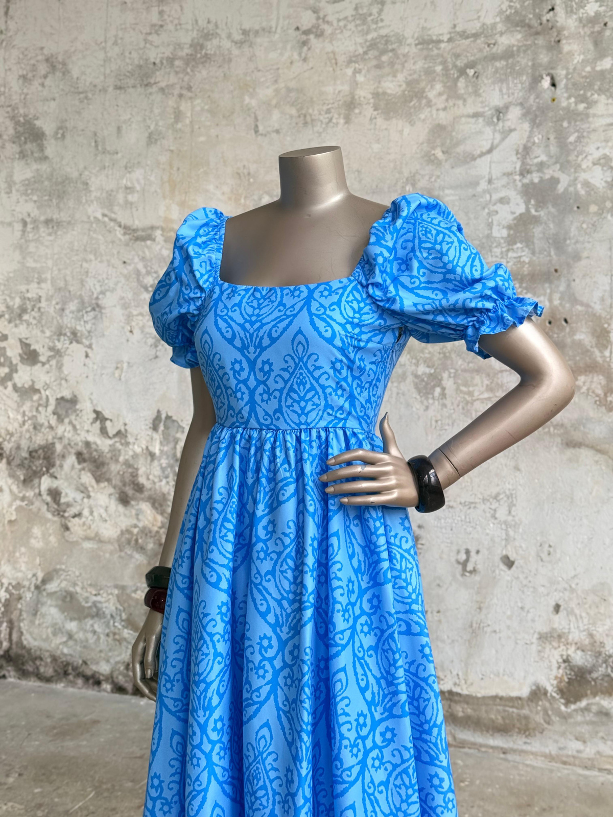 Kare Yaka Poplin Elbise (Mavi)