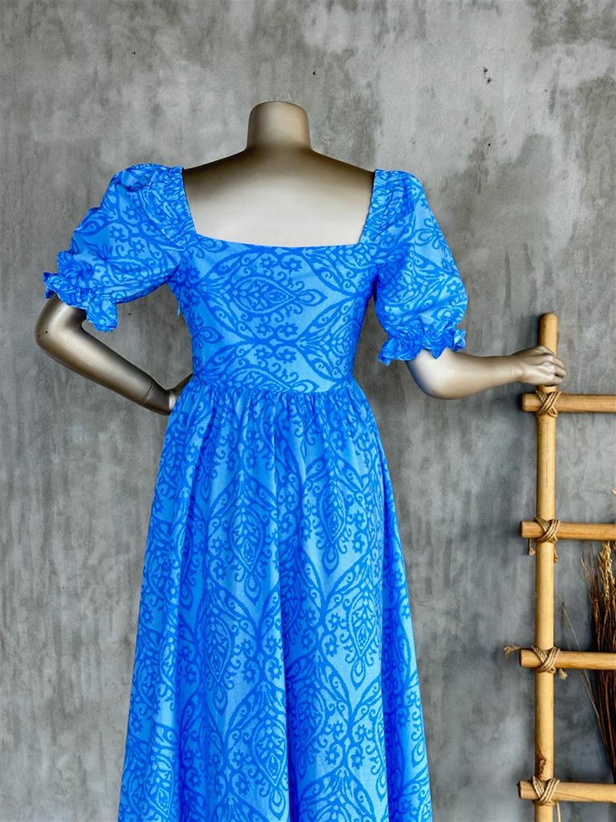Kare Yaka Poplin Elbise (Mavi)