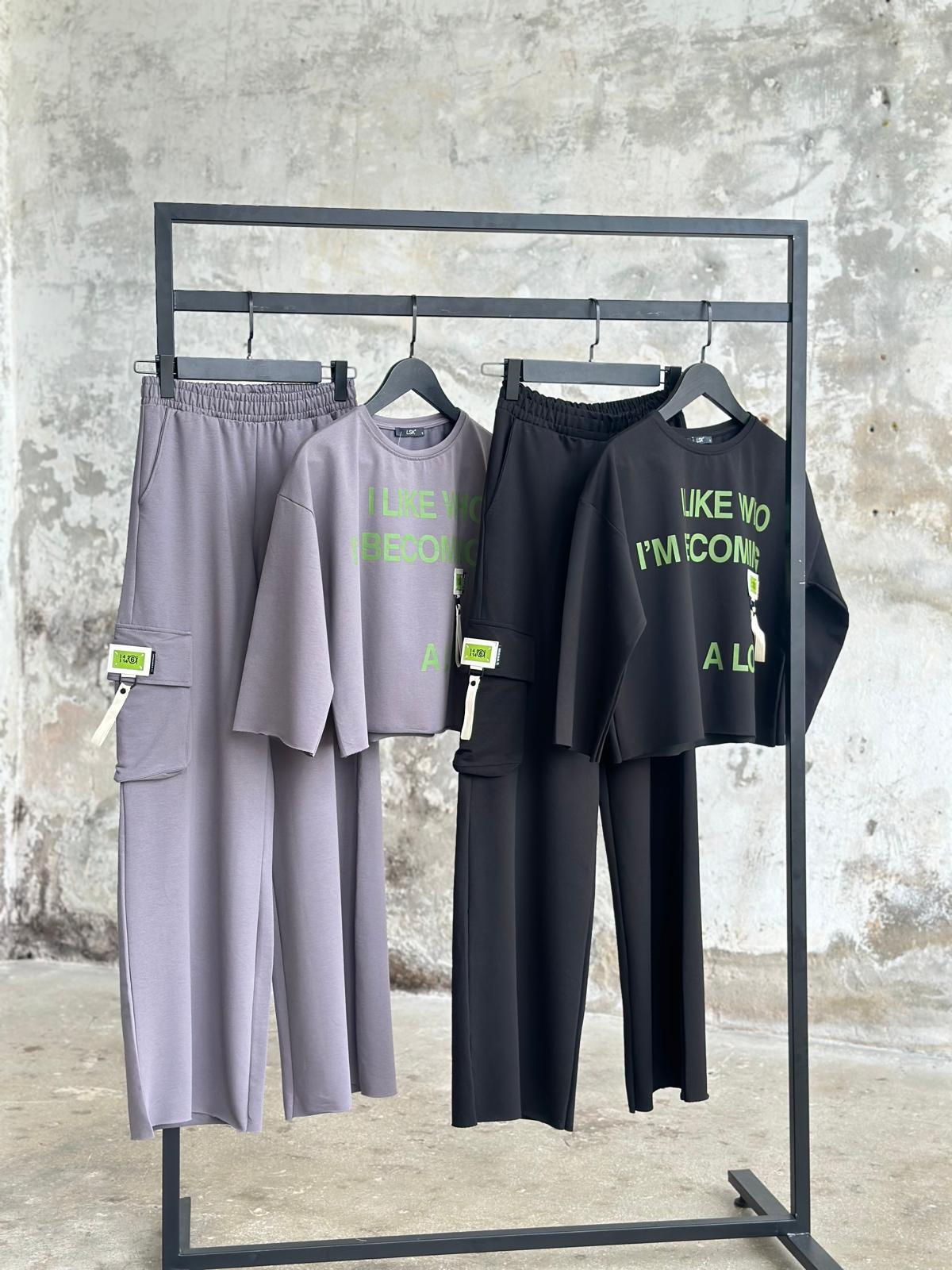 Kargo Cep Detaylı Neon Yazılı Takım (Siyah)