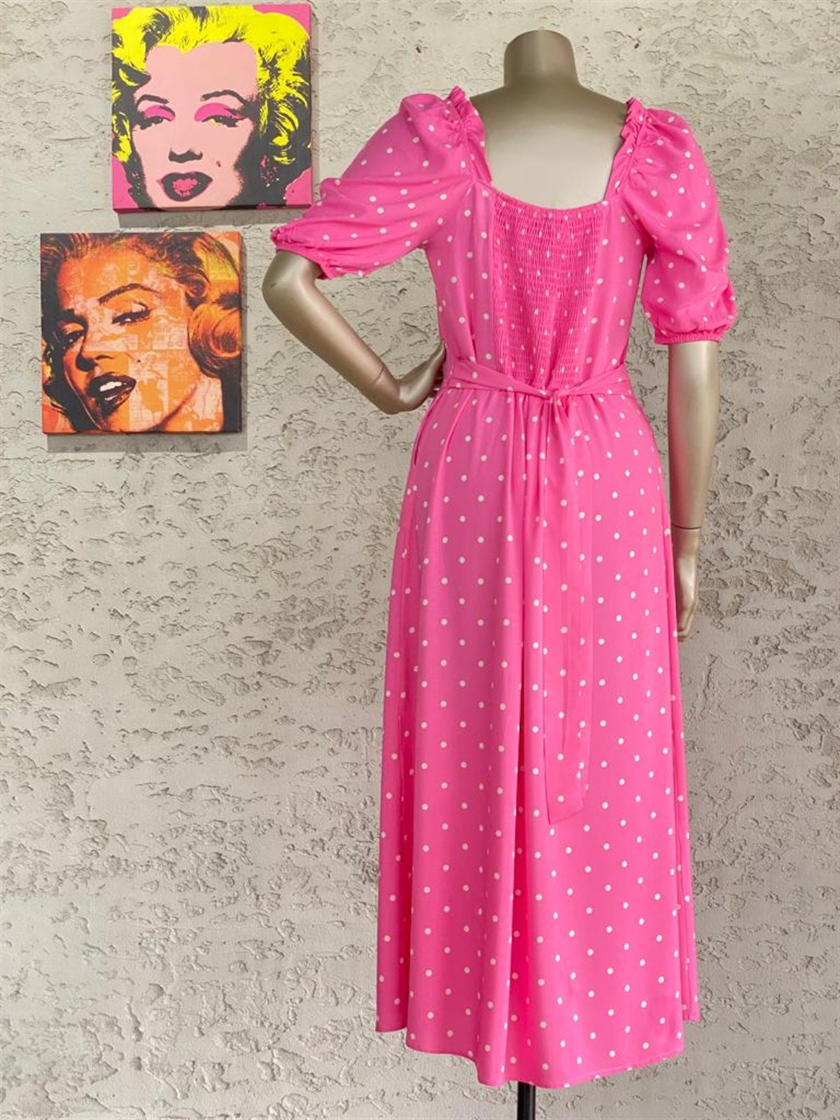 Karpuz Kol Puantiyeli Elbise (Pembe)