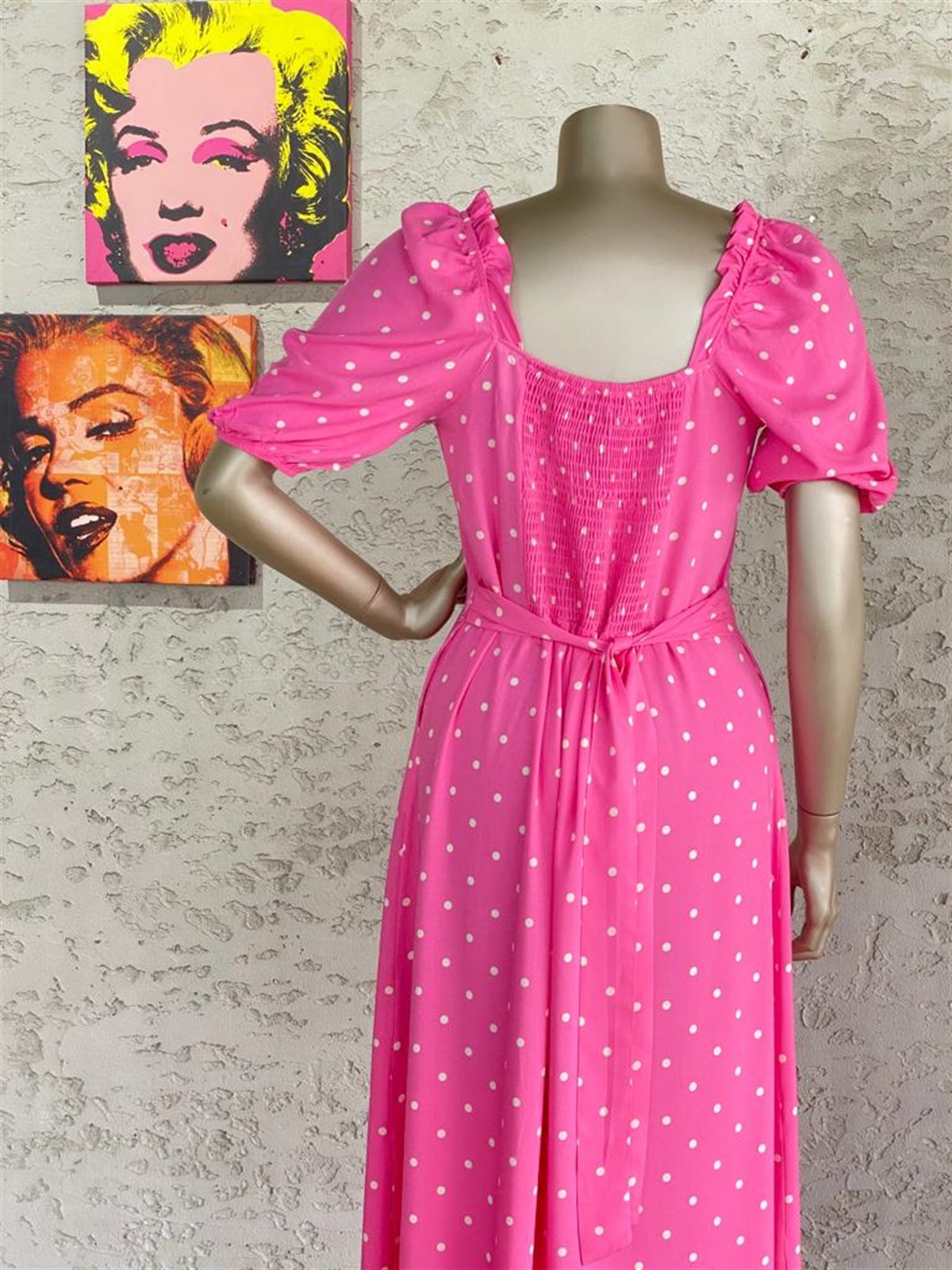Karpuz Kol Puantiyeli Elbise (Pembe)