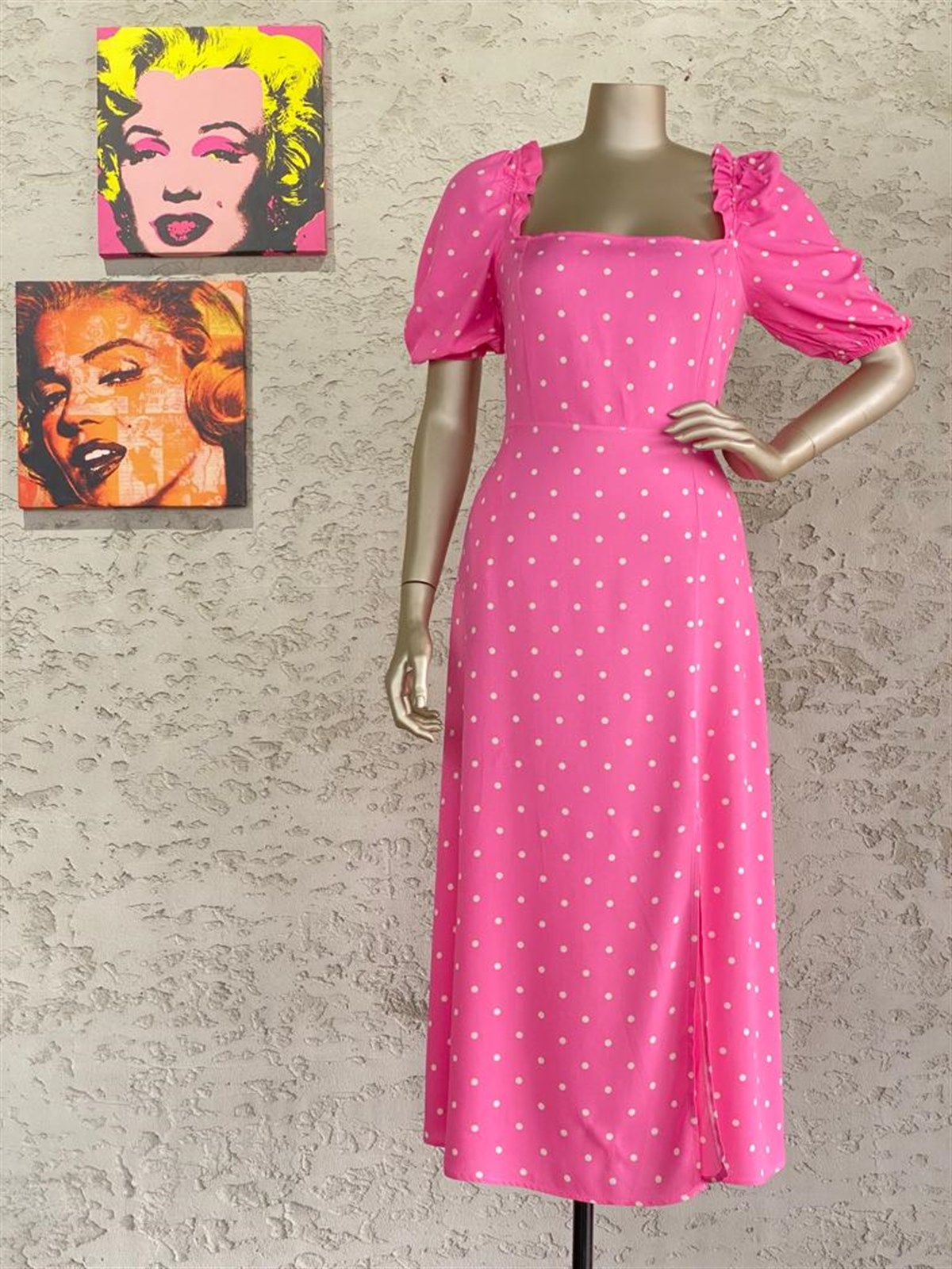 Karpuz Kol Puantiyeli Elbise (Pembe)