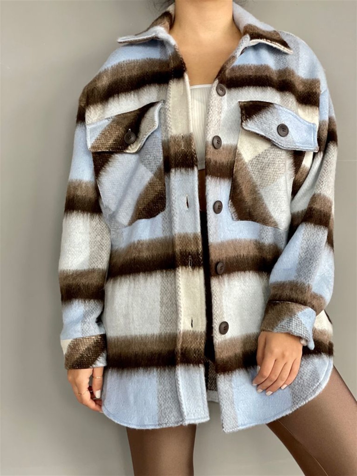 Kaşe Oversize Mavi Gömlek Ceket