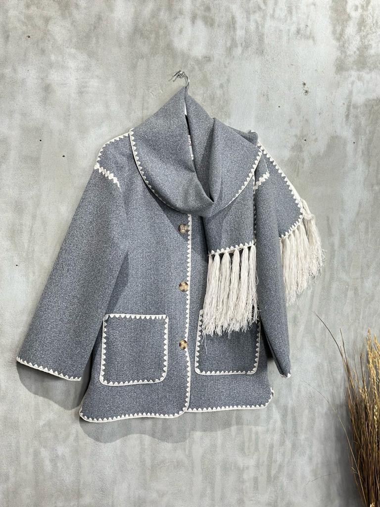 Kaşmir Kumaş Nakış İşlemeli Atkılı Ceket (Gri)