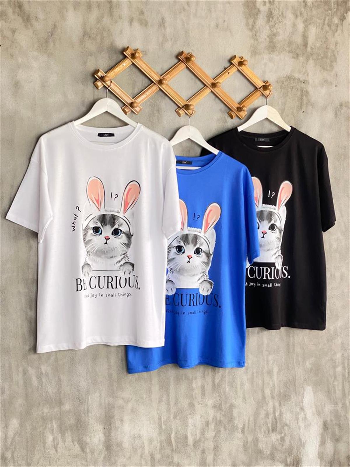 Kedi Baskılı Oversize Tunik Tişört (Saks)