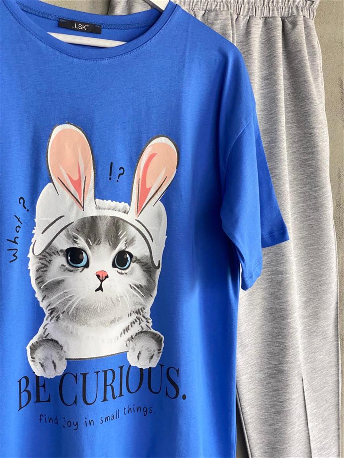 Kedi Baskılı Oversize Tunik Tişört (Saks)