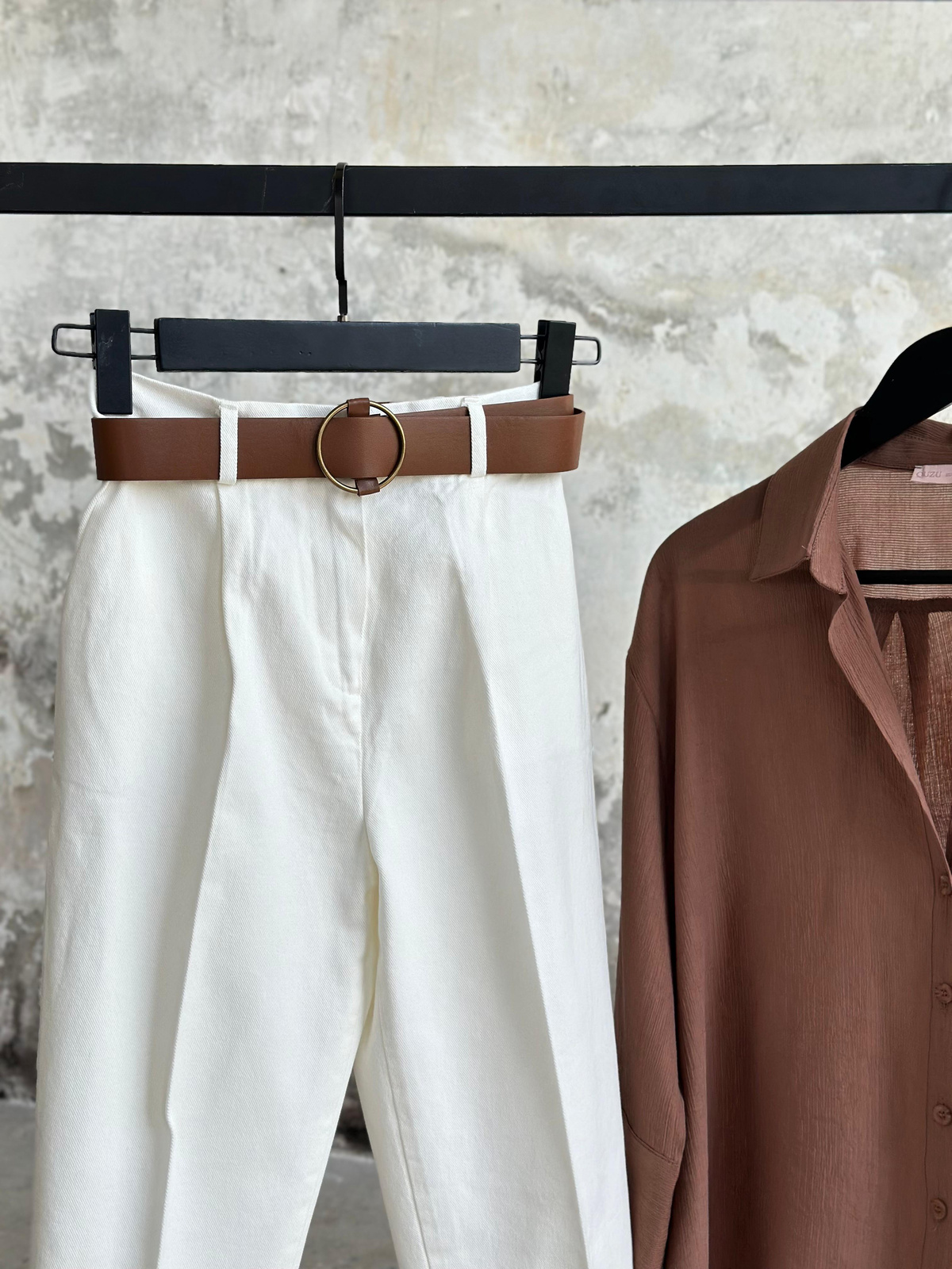 Kemerli Gabardin Kumaş Pantolon (Ekru)
