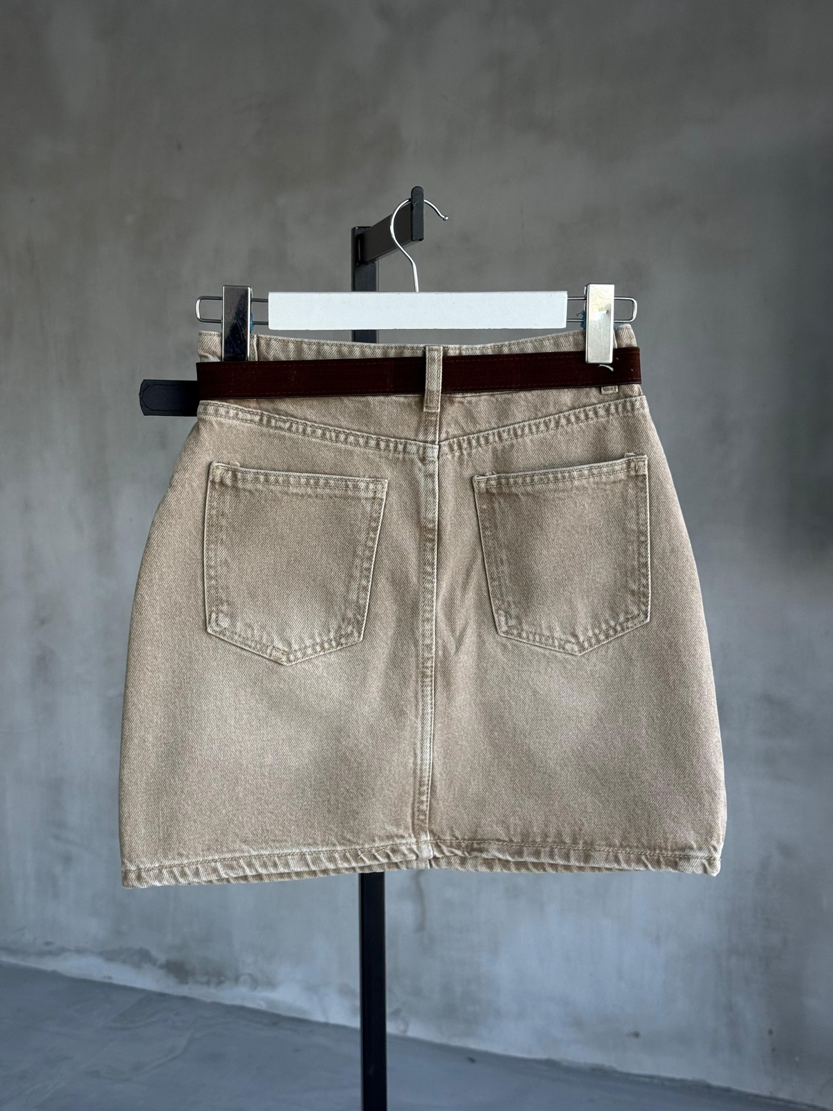 Kemerli Mini Kot Etek (Bej)