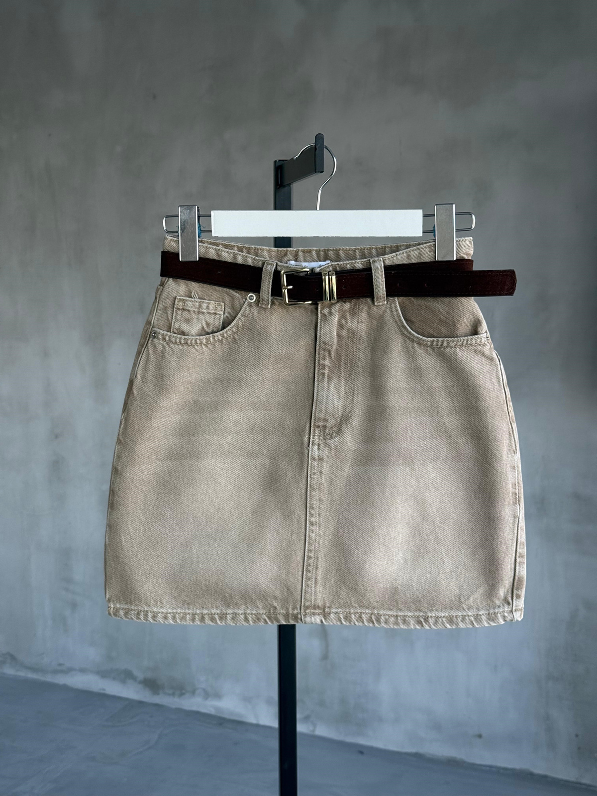 Kemerli Mini Kot Etek (Bej)