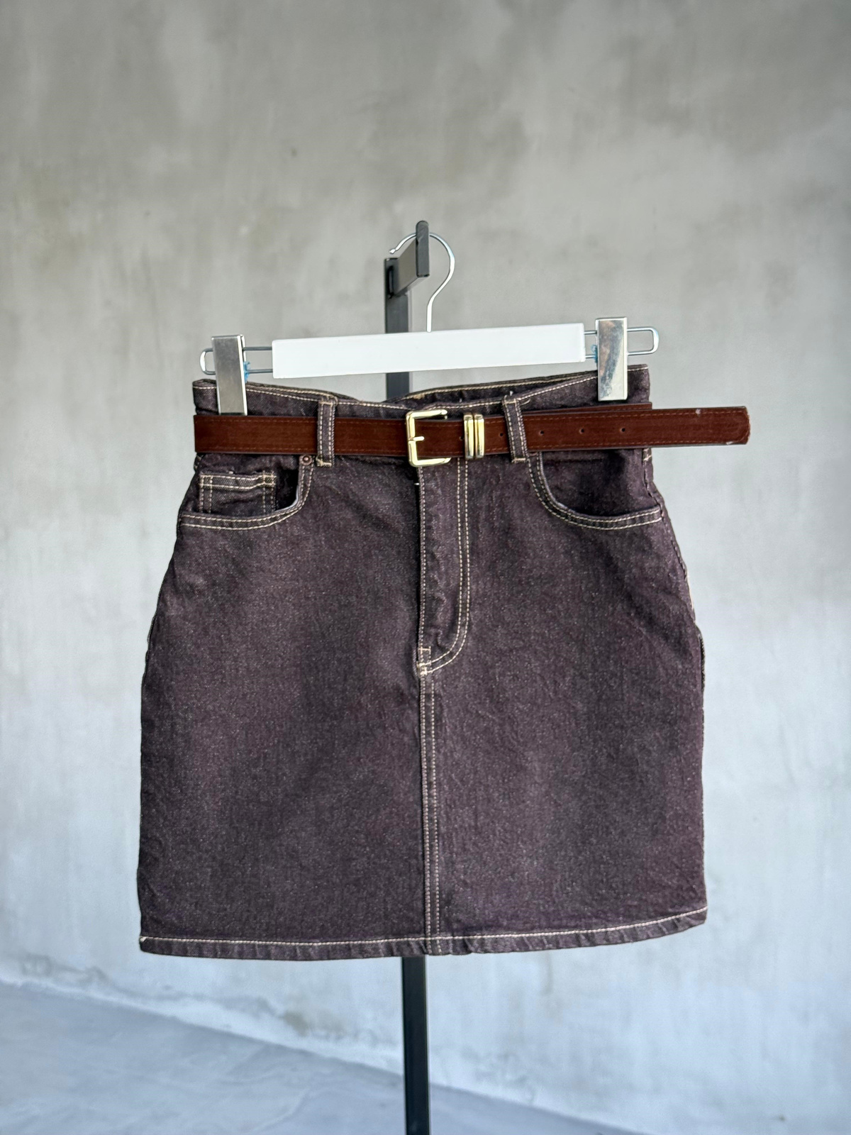Kemerli Mini Kot Etek (Kahve)