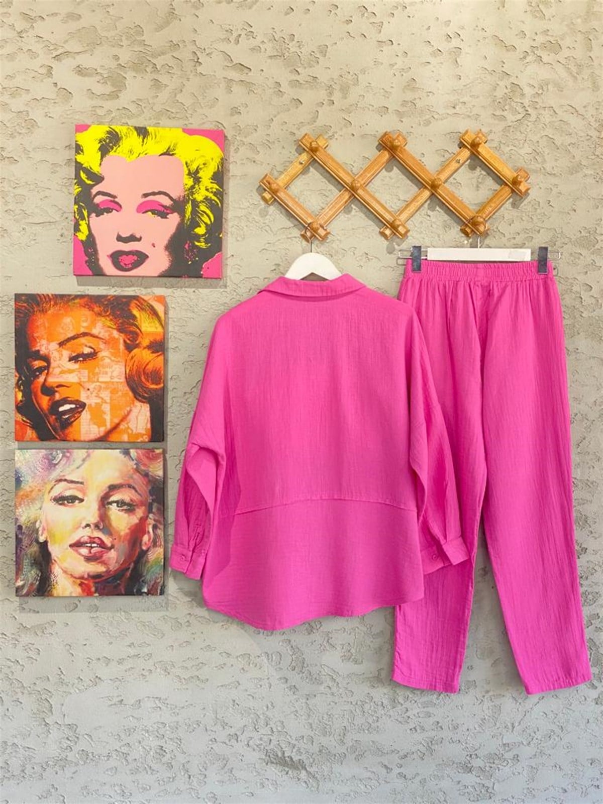 Keten Gömlek Ve Pantolon Takım (Pembe)