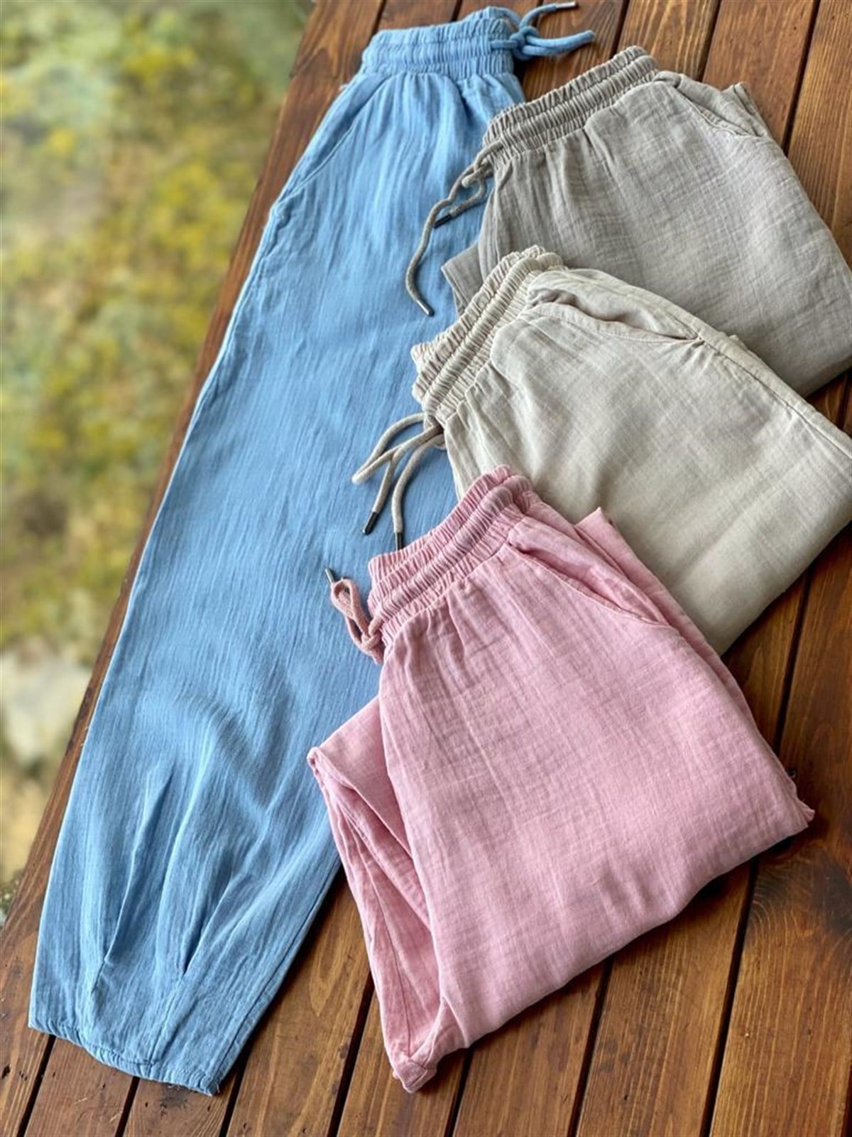 Keten Kumaş Yüksek Bel Pantolon (Mavi)