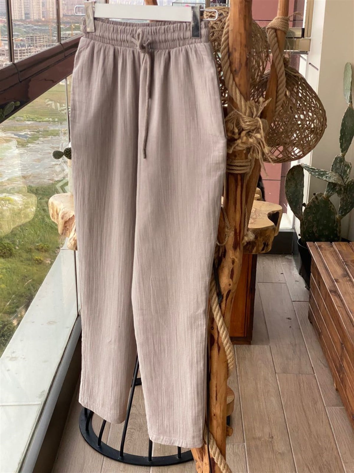 Keten Kumaş Yüksek Bel Pantolon (Taş Rengi)