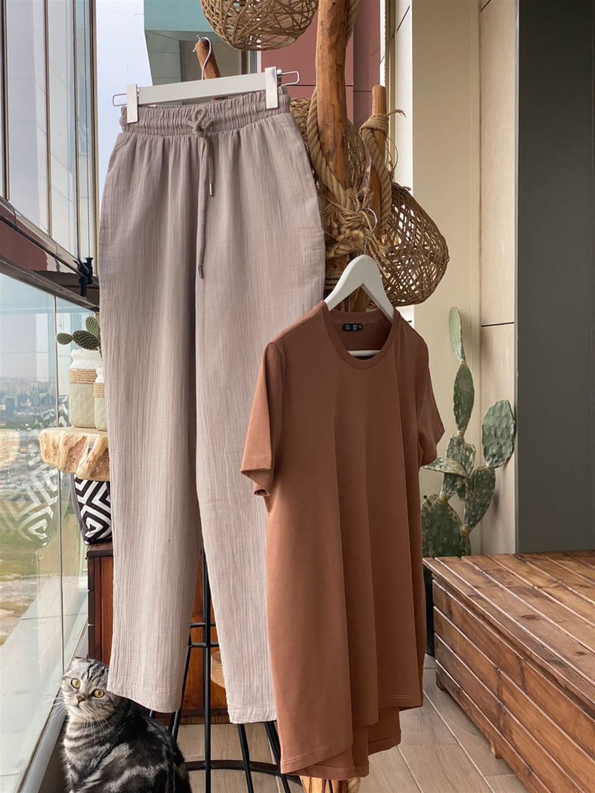 Keten Kumaş Yüksek Bel Pantolon (Taş Rengi)