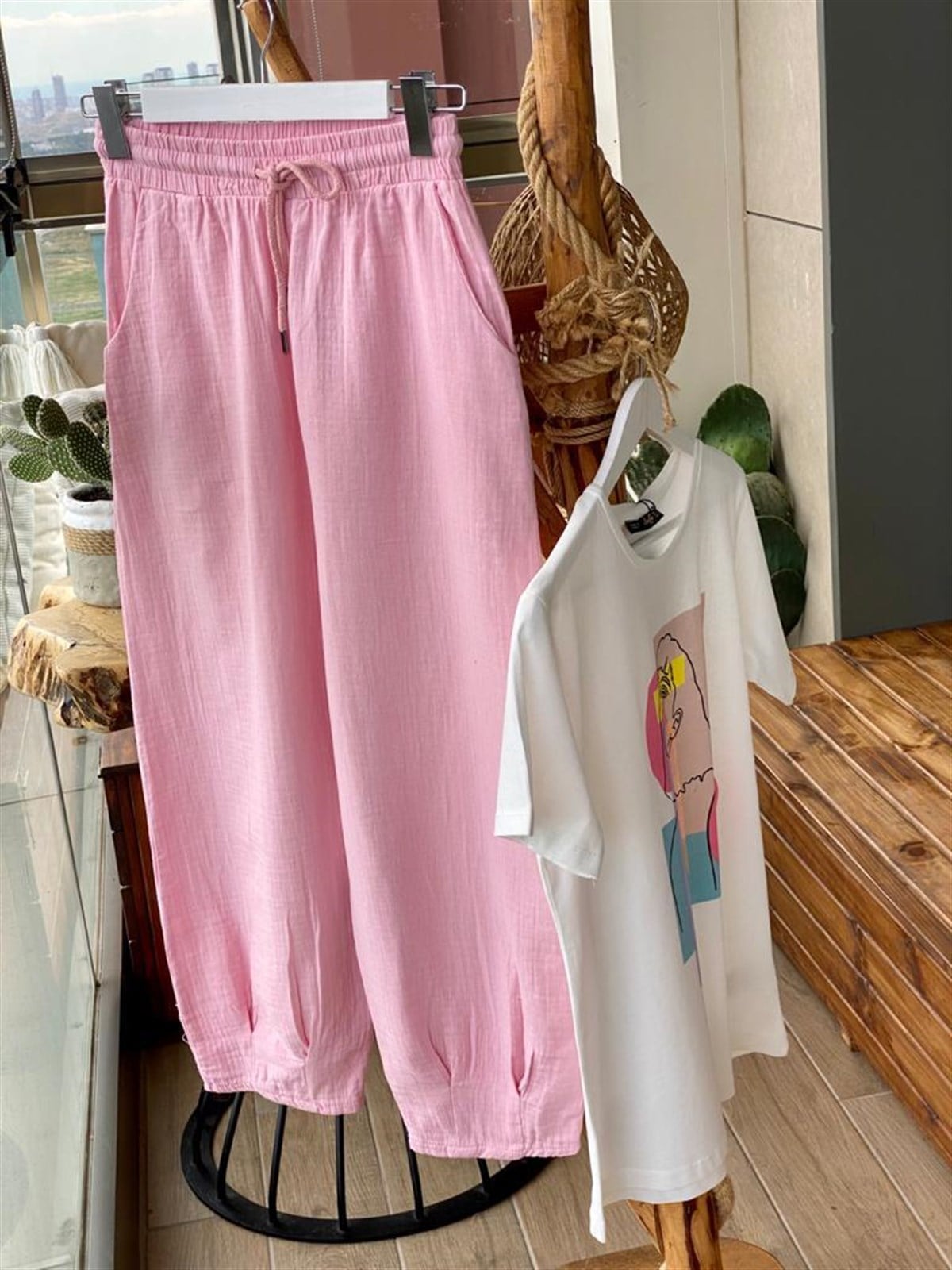 Keten Kumaş Yüksek Bel Pantolon (Toz Pembe)