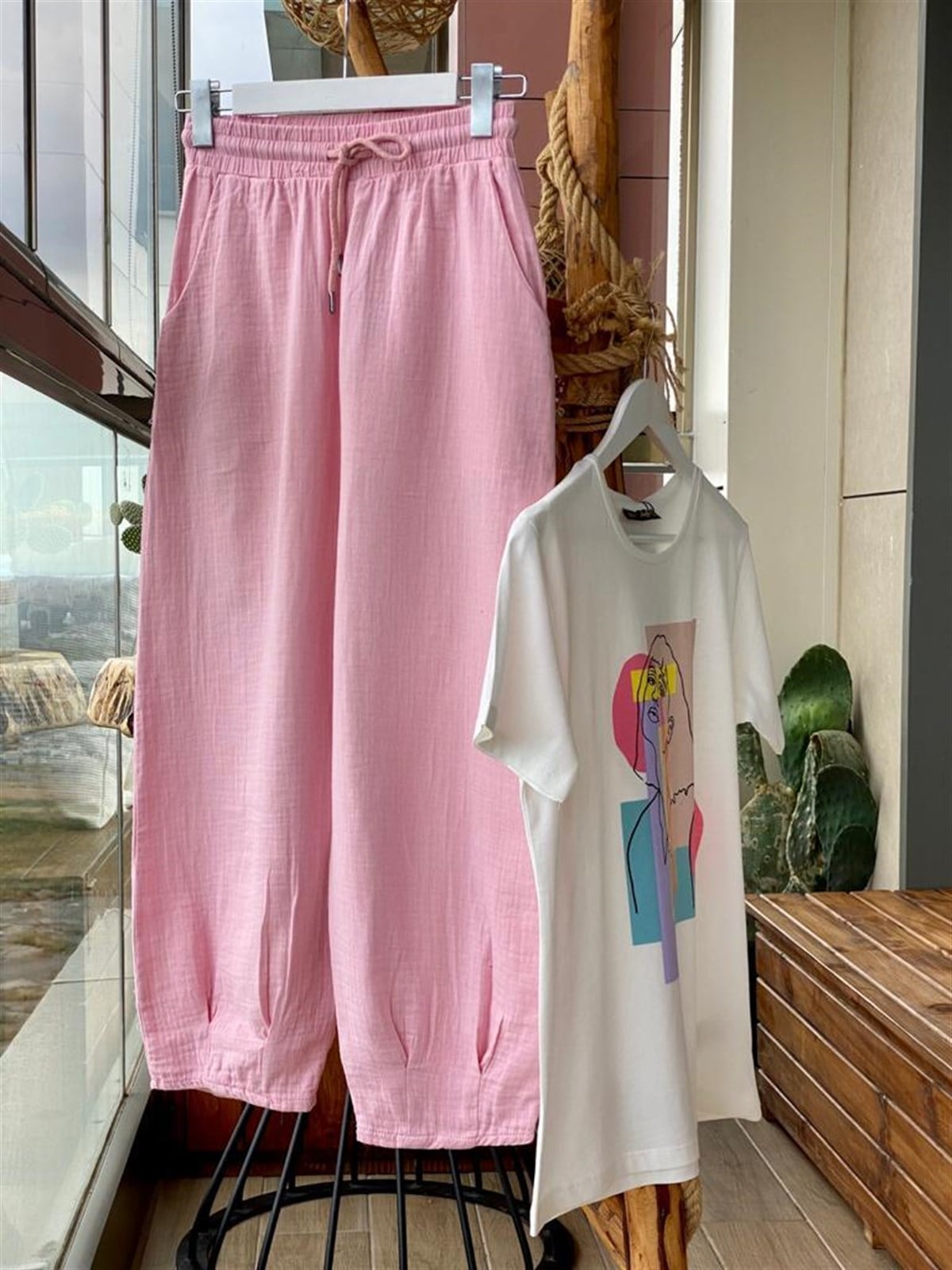 Keten Kumaş Yüksek Bel Pantolon (Toz Pembe)