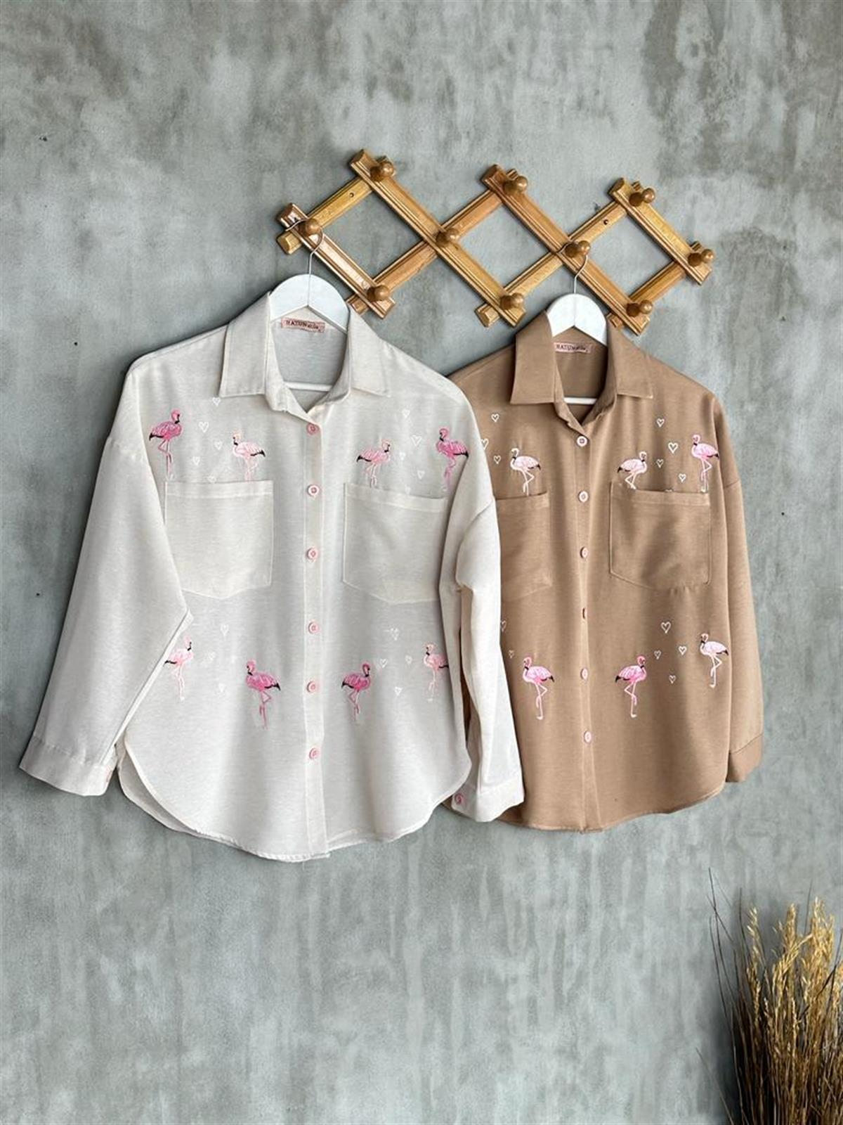 Keten Nakış Flamingo İşlemeli Tunik Gömlek (Taş)
