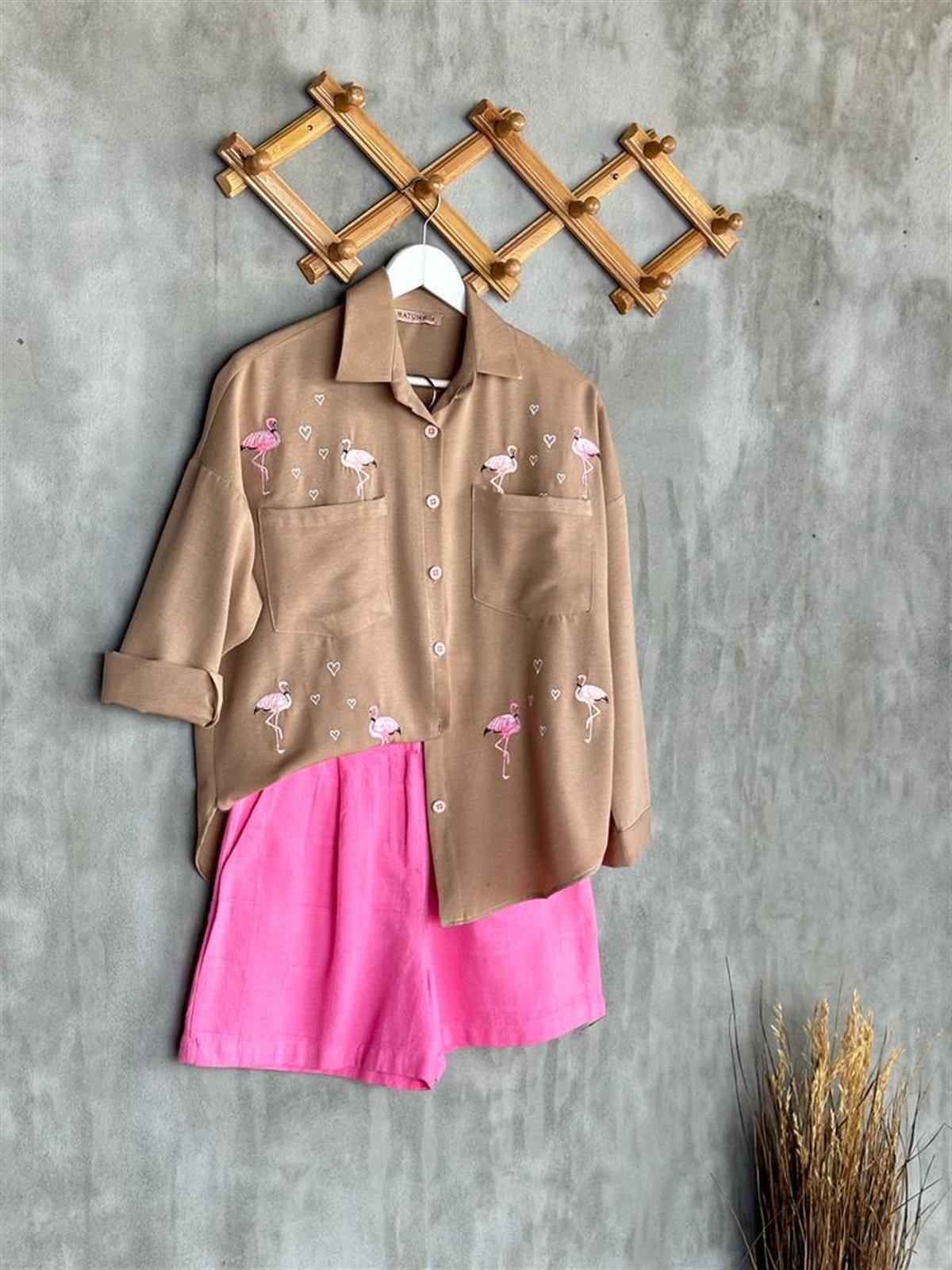 Keten Nakış Flamingo İşlemeli Tunik Gömlek (Kahve)