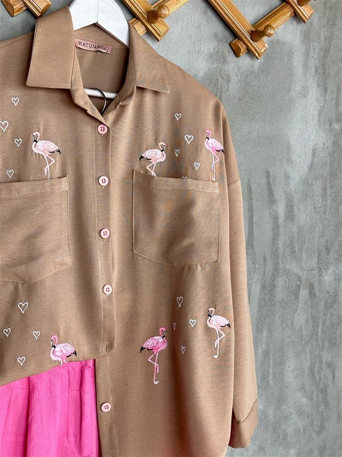 Keten Nakış Flamingo İşlemeli Tunik Gömlek (Kahve)