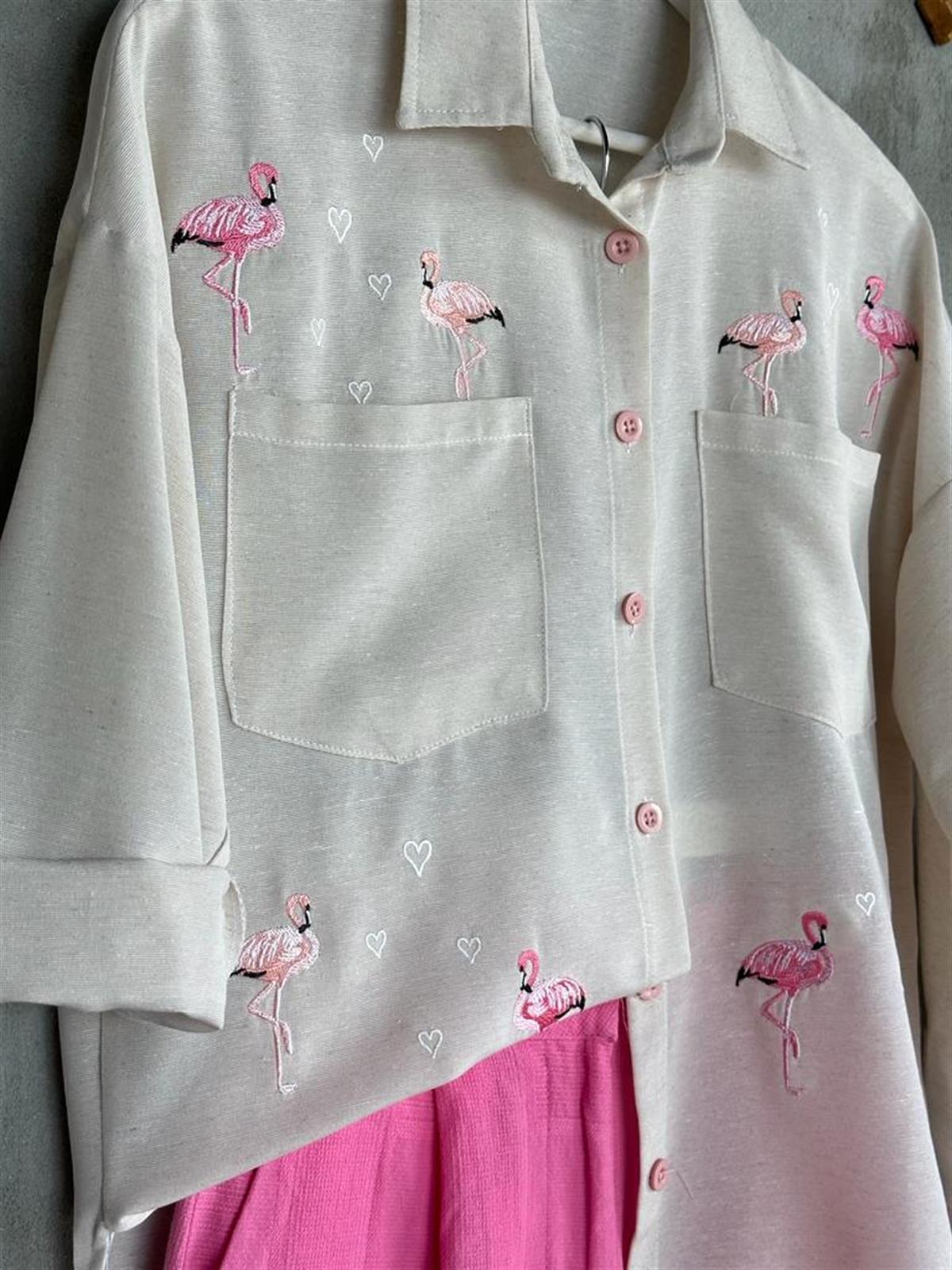 Keten Nakış Flamingo İşlemeli Tunik Gömlek (Taş)